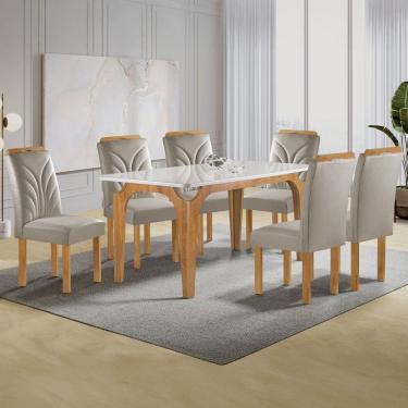 Imagem de Mesa de Jantar 6 Lugares Marromina Carolina com Vidro Cinamomo/Off White/Veludo Bege Claro - Cel Móveis