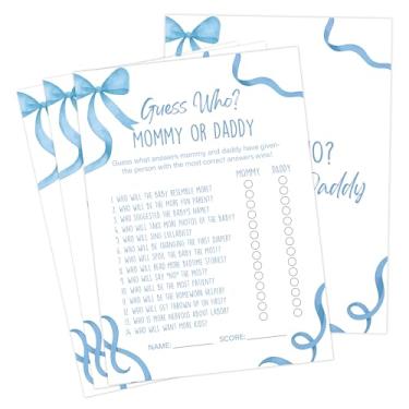 Imagem de Blue Bow Baby Shower Games, Blue Guess Who Mommy or Daddy Game para 30 convidados com cartas de jogo, revelação de gênero, suprimentos e decorações para chá de bebê (DV07)