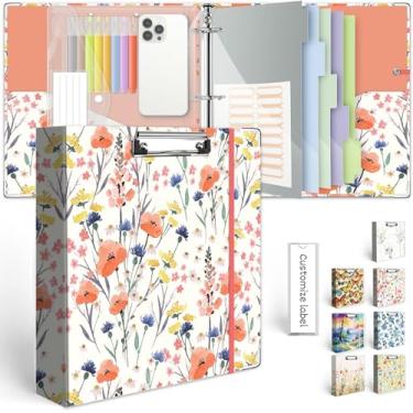 Imagem de Fichário com 3 argolas, 5 cm, organizador de fichário de três anéis com prancheta, divisórias de bolsos de 5 abas, pasta de plástico, 18 divisores stikers, fichário fofo KLLVE com alça para caneta