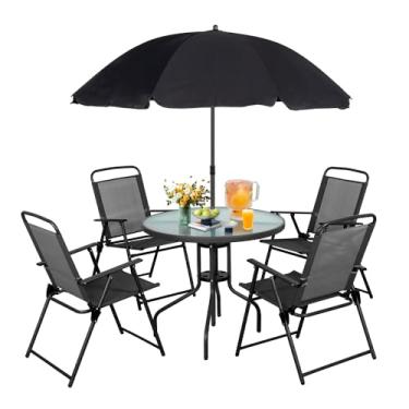 Imagem de Mesa Redonda de Vidro Life com 4 Cadeiras Dobráveis e Guarda-Sol, Ideal para Áreas Externas e Jantar
