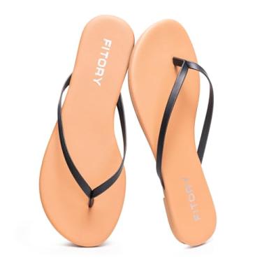 Imagem de FITORY Chinelo feminino, moda casual tanga caminhada com couro vegano, sandálias rasteiras confortáveis de verão para praia 2025 para uso interno e externo, tamanho 6-11, Preto, castanho, 40