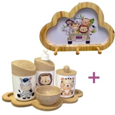 Imagem de Kit Higiene Bebê Safari Leão, zebra e tigre + Cabideiro Infantil Nuvem