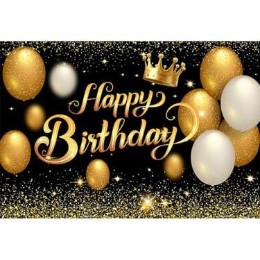 Imagem de dnldliq 2,4 x 1,8 m Faixa de fundo de decorações de feliz aniversário, coroa com glíter, balão de aniversário, cartaz, suprimentos de festa, fundo fotográfico para homens e mulheres (preto dourado)