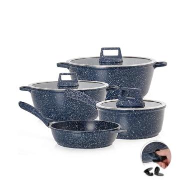 Imagem de MODA DO CHEF Jogo de Panelas Antiaderrnte 4 Peças Graniflon Azul com Frigideira Caçarolas e Panela Antiaderente Premium, tampa de vidro Leve Fácil de Limpar Ideal para o Dia a Dia