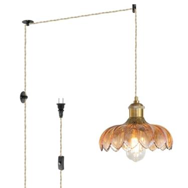 Imagem de KUZZULL Luz pendente de plugue: Conecte lâmpadas suspensas de 4,5 m com interruptor giratório, luminária de vidro âmbar para pendurar luzes de teto e ilha de cozinha