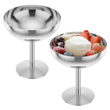 Imagem de 2 peças de tigela de sorvete de aço inoxidável, tigela de sobremesa reutilizável para salada, copo redondo de lanche de doces, copos de sobremesa de metal, copos de molho, caneca de salada de macarrão