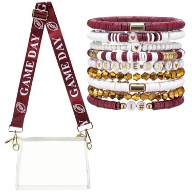 Imagem de Tondiamo 2 peças bolsa transversal transparente para dia de jogo e pulseira elástica empilhável com contas Heishi para roupa de evento de estádio de futebol, Marrom, Dia de jogo