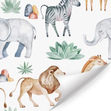 Imagem de HLNIUC Papel de parede colorido de animais de safári 43 cm x 395 cm Papel de parede autoadesivo com tema de floresta Papel de contato com elefante leão girafa papel de contato para armário de quarto