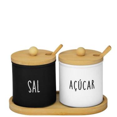 Imagem de Kit Saleiro Açucareiro Vidro 2 Peças Tampa E Suporte Bambu - Hauskraft