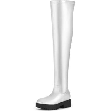 Imagem de Allegra K Botas femininas plataforma bico redondo sola grossa salto baixo acima do joelho, Prata, 38