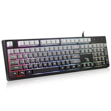 Imagem de HUO JI Teclado para jogos com fio com retroiluminação LED RGB, teclas flutuantes, sensação mecânica, resistente a derramamentos, ergonômico para Xbox, série PS, desktop, computador, PC, cinza