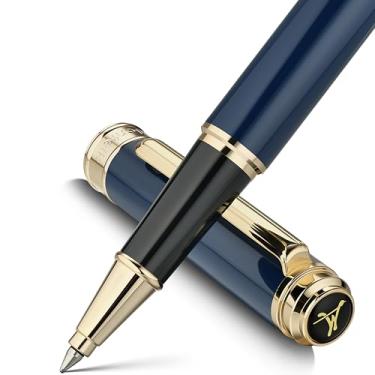 Imagem de MCNTEIK Caneta esferográfica 317 – deslumbrante caneta de laca azul luxuosa com acabamento em ouro 24K, refil de tinta preta Schmidt, conjunto de presente chique para homens e mulheres, profissionais