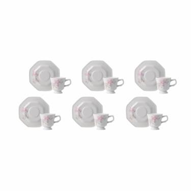 Imagem de Estojo com 6 Xícaras de Café com Pires em Porcelana, Modelo Prisma, Octogonal, Decoração Maresias, Porcelana Schmidt
