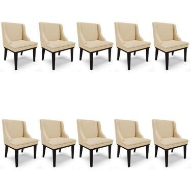 Imagem de Kit 10 Cadeiras Estofadas para Sala de Jantar Base Fixa de Madeira Preto Lia Veludo Luxo Off White - Ibiza