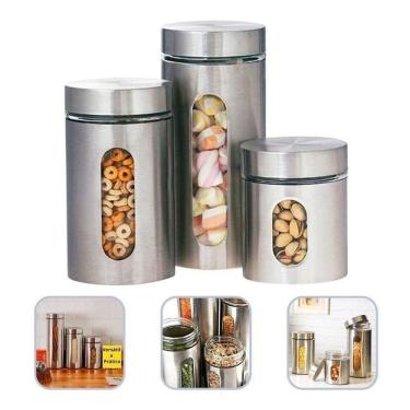 Imagem de Potes De Mantimentos Em Inox E Vidro Conjunto 3 Peças