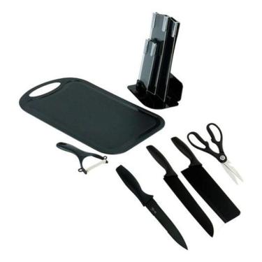 Imagem de Kit 7 Pçs Jogo De Cozinha Com Suporte Tábua Facas Cutelo