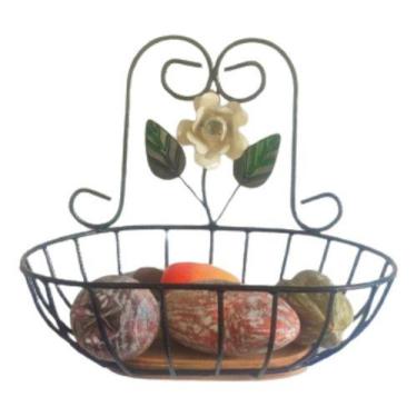 Imagem de Fruteira de Parede 1 Andar em Ferro e Madeira Oval P - Art MM, Bege