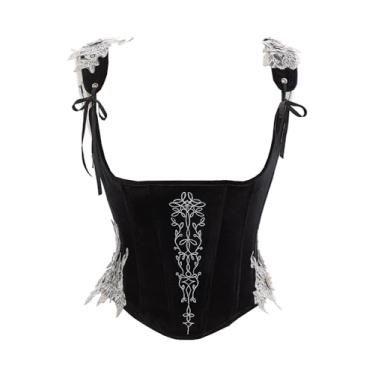 Imagem de daizbella Espartilho feminino de veludo, medieval, bordado, estilo elfo, renascentista, corpete com barbatanas, Preto, G