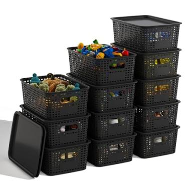 Imagem de BOBIBOSS Cestas de armazenamento de plástico preto com tampas, pacote com 12, recipientes empilháveis para organização de prateleiras, lindas caixas de armazenamento decorativas para sala de aula