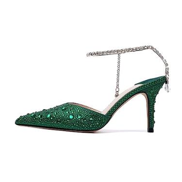 Imagem de Sandálias femininas de salto alto stiletto fechadas bico fino tira no tornozelo moda sandálias confortáveis festa casamento sapatos elegantes 3,3 pol, Strass verdes, 10.5