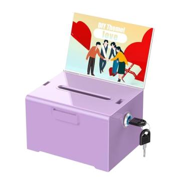 Imagem de Uniclife SAFECaixa de doação acrílica com trava e suporte de sinalização urna roxa com ranhura caixas de sugestão de plástico jarro de ponta recipiente de armazenamento de dinheiro baú para