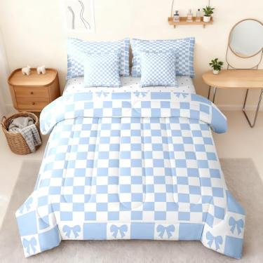 Imagem de Jogo de cama solteiro com estampa azul e branca, xadrez, geométrico, xadrez, arte simples, laço azul kawaii, princesa, laço, 7 peças (edredom + lençol de cima + fronha + fronha)