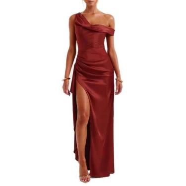 Imagem de Vestido de baile maxi Alphirkut 2024, fenda longa, cetim, ferrugem, EU