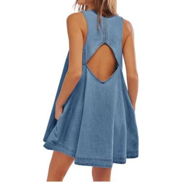 Imagem de Vestido feminino Vidifid, sem mangas, casual, jeans, azul, linha A