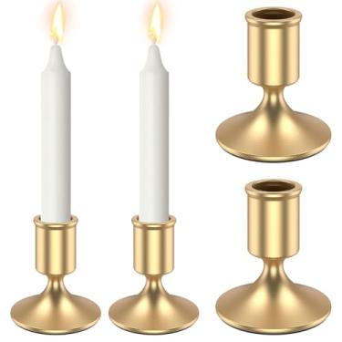 Imagem de 4 peças castiçais cônicos vintage metal preto/dourado suporte de vela para sala de jantar, mesa de centro, decoração de casa de casamento (dourado, 4 peças)