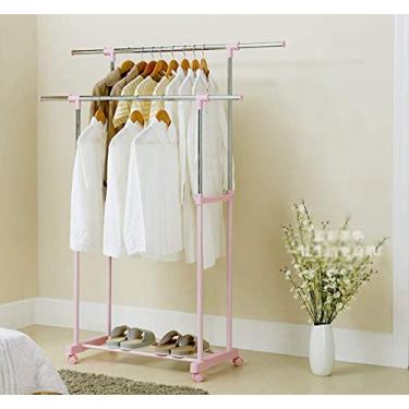 Imagem de Cabideiro multiuso duplo telescópico para roupas, suporte para sapatos, suporte para cabides/suporte de cabide portátil para cima e para baixo, torre de casaco