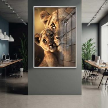 Imagem de Quadro Decorativo com Moldura e Acrilico Cristal Vidro Leoa Filhote Fa