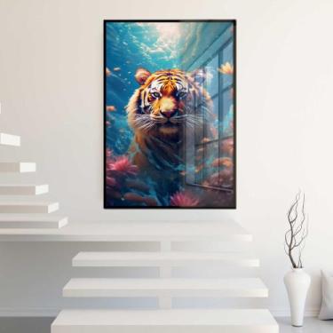 Imagem de Quadro Decorativo com Moldura e Acrilico Cristal Vidro Tigre Mar Sala 