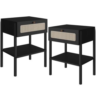 Imagem de Kit 02 Mesas de Cabeceira 01 Gaveta com Telinha Pés Madeira Moss A03 Nero Preto - Lyam Decor