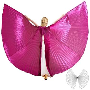 Imagem de MUNAFIE Dança do ventre Isis Wings com bastões Halloween Carnaval Performance Dance Costume Asas de anjo, Rosa escuro, open on the back