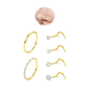 Imagem de davka 6 peças de argolas de nariz 18G CZ e 20 g conjuntos de brincos de nariz para mulheres e homens, hipoalergênico, aço 316L, clique/saca-rolhas narina/hélice de septo/joias de piercing de