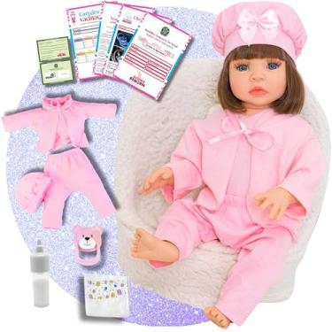 Imagem de Boneca Bebê Reborn Menina Realista em Silicone com Roupinha e Acessórios Inclusos 45 cm (Roupa Rosa)