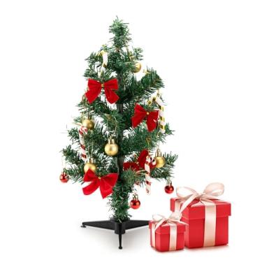 Imagem de Stopsad Mini árvore de Natal artificial de 45,7 cm, pequena árvore de Natal com pontas de galhos realistas, pequena árvore de Natal de mesa com base de plástico, decoração de férias verde para quarto