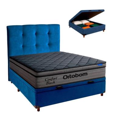 Imagem de Baú Azul + Cabeceira + Colchão Casal Confort Black Ortobom
