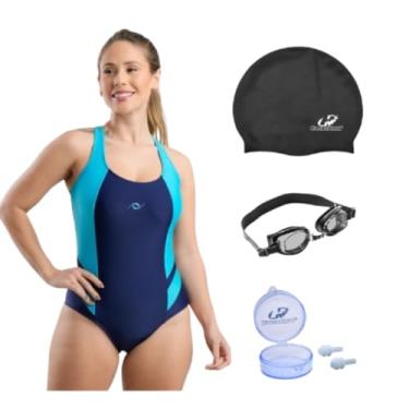 Imagem de Kit Maiô Natação Hidroginástica Touca Silicone Óculos Uv E Protetor De Ouvido (Marinho/Azul - Óculos Preto, XGG)