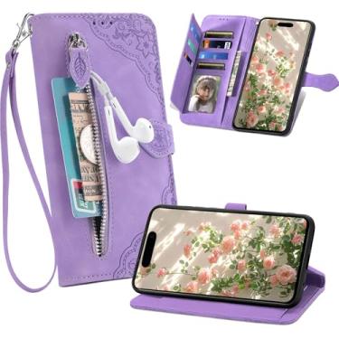 Imagem de Ephoou Capa carteira para Apple iPhone 17 Pro com 7 porta-cartões e bolso com zíper, capa flip de couro PU à prova de choque com alça de pulso, suporte e fecho magnético para iPhone 17 Pro SZY-roxo