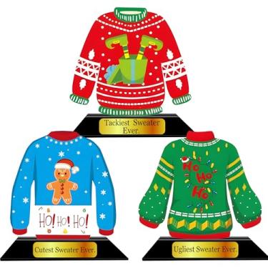 Imagem de LOTADILO 3 peças Troféu de Natal Natal Gingerbread Man Contest Troféu Decoração de Madeira Gingerbread Man Troféu Medalhas Kit de Decoração Xmas House Awards Prêmios Divertidos Festa (Suéter Ugly)