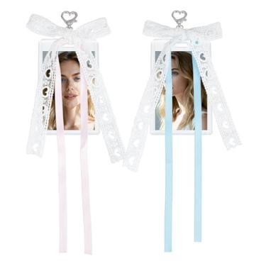 Imagem de NICENEEDED 2 conjuntos de porta-cartões fotográficos com fita, porta-chaves de laço, porta-crachás, porta-crachás, acrílico transparente, 7,6 cm, porta-cartões fotográficos