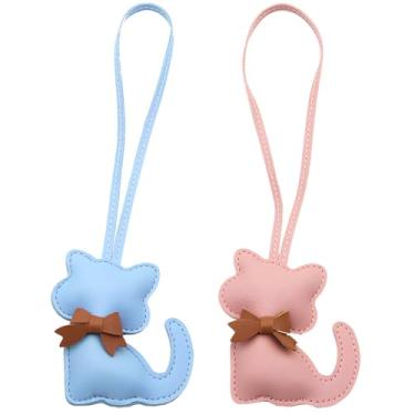 Imagem de Chaveiros com pingentes em forma de gato - Conjunto de 2, couro PU, desenhos de gatinhos de desenho animado, acessórios femininos elegantes (rosa e azul)
