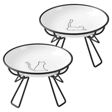 Imagem de Kitwinney Tigelas elevadas de cerâmica para gatos – Tigelas elevadas para comida de gato, compatível com bigodes, prato de comida para gatos antivômito, prato elevado para gatos internos - Conjunto de