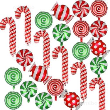 Imagem de Conjunto de 24 balões de alumínio de Natal, grande, vermelho e verde, bengala doce e pirulito, conjunto de balões de Mylar para Natal, Friendsmas, Candyland, aniversário, Ano Novo, decorações de festa