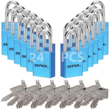 Imagem de SEPOX Cadeados à prova de intempéries ultra resistentes à ferrugem, conjunto de 24 cadeados de alumínio azul com 36 chaves iguais, alta segurança para ambientes externos e industriais, como bloqueio