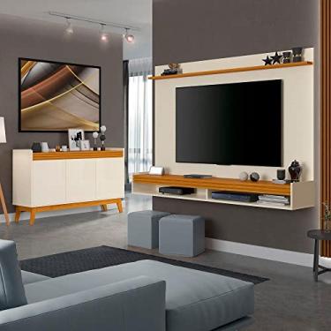 Imagem de Conjunto Sala de Estar Buffet e Painel Home Ripado 180cm Cor:off White/cedro