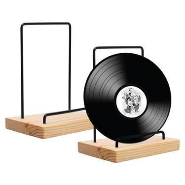 Imagem de LCZNXJJY Suporte de armazenamento de discos de vinil, organizador de álbuns com suporte traseiro de metal e base de madeira maciça, suporte de exibição LP fácil de montar para discos de vinil preto