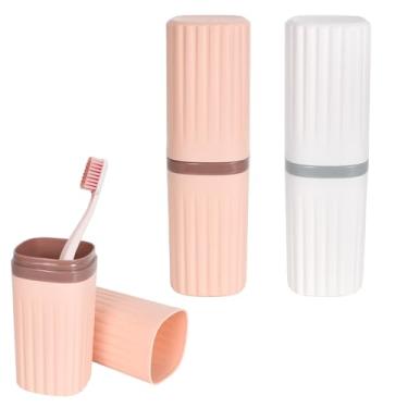 Imagem de Conjunto de estojo de escova de dentes de plástico para viagem, copo portátil para acampamento, viagem, casa (branco + rosa)