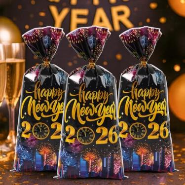 Imagem de 50 unidades de sacos de petisco de festa, vermelho, preto, 2026, feliz ano novo, sacos de presente com cordão, sacos de guloseimas de celofane com laços dourados para festa de casamento de ano novo